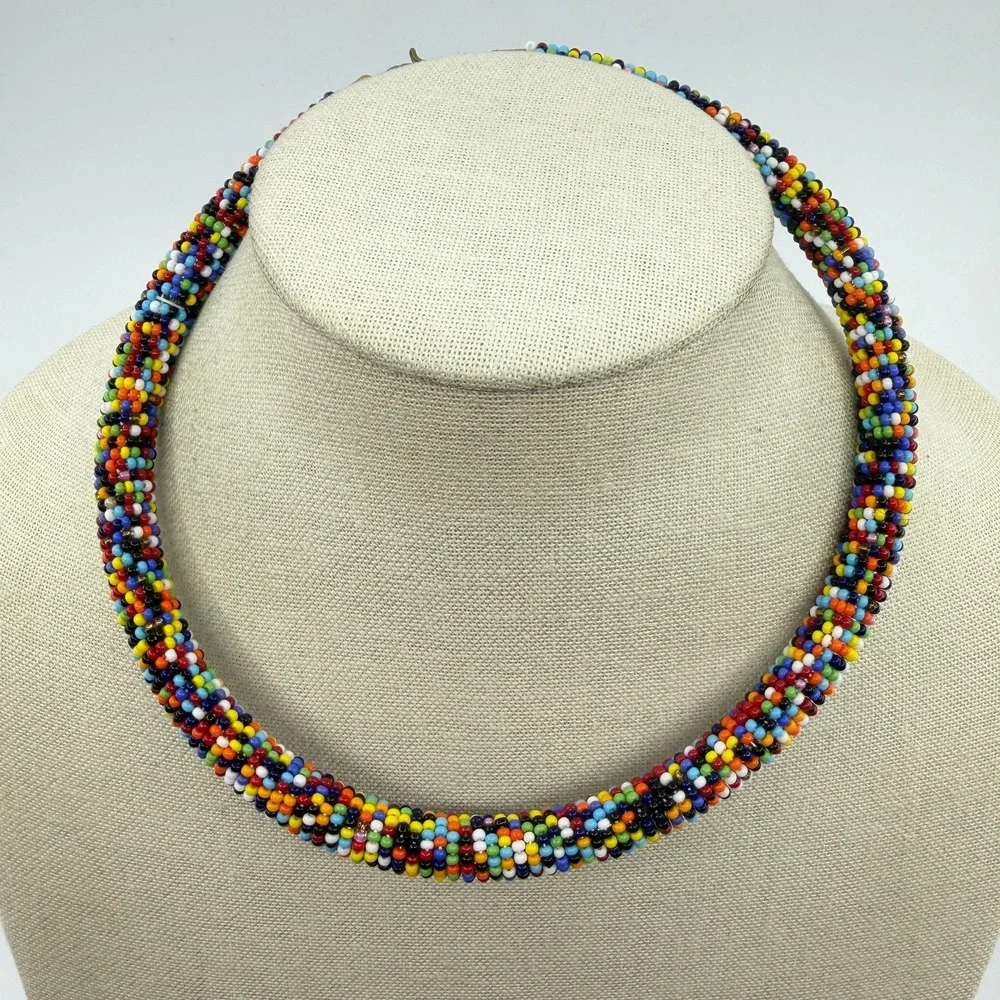 Multicolor Seed Bead Collar Necklace Boho Statement Festival Layering Gift Chic